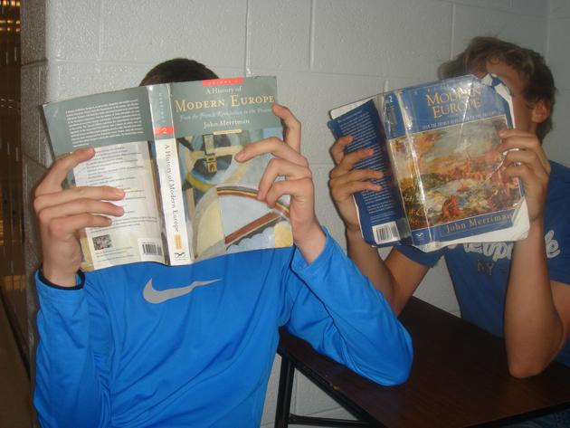 Sophomores Jake Durden and Emmett Copeland study for the AP Euro exam. Photo by Molly Denman.