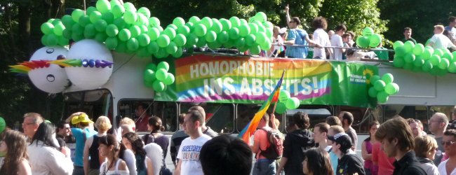 Berlin's GLBT community shows pride by dancing on rainblow floats and blasting techno music at the Christopher Street Day Festival. Photo by Vanessa Ehrenpreis.