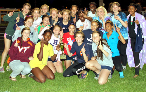 The HHS Girls Track Team celebrates their championship at the Valley District Meet