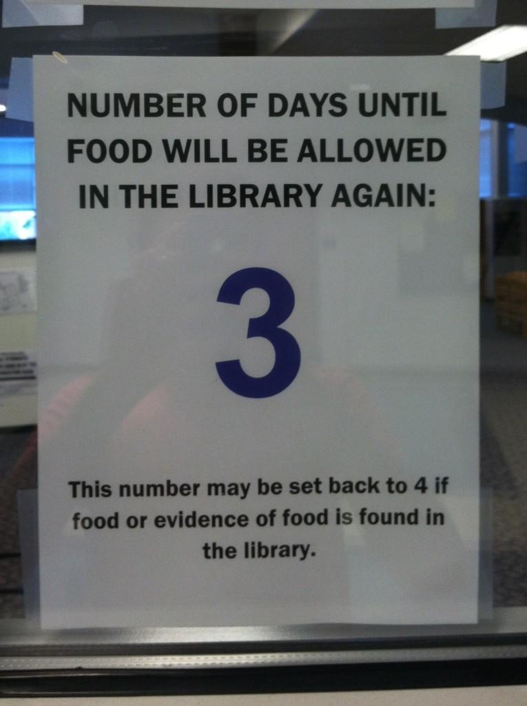 As of September 18, there are 3 days left until food is allowed in the library again.