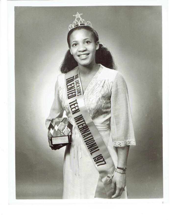 Teacher Melody Wilson after being crowned for winning the Hal Jacksons Talented Teen International of 1977. 