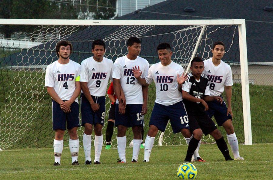 From left to right, seniors Jackson Taylor, Carlos Pulido, freshman Cristian Ruiz, senior Luis Vargas, and senior Pepe Gonzalez-Cavazos line up to guard the goal.