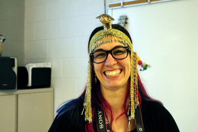 World History teacher Cara Walton wears an Egyptian headdress for spirit day. “I found it at a costume store over the weekend and I just needed to wear it for Hat Day.” Walton said. “I was either this or a Roman helmet. This was more comfortable.”