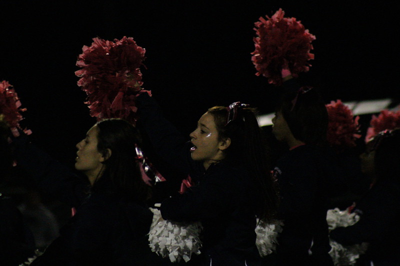 HHS cheerleaders shake pink and white pom poms, in honor of Breast Cancer Awareness.