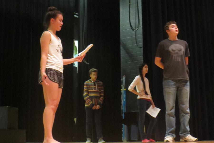 Senior Jaymie Inouye (left) reads lines during a One Act rehearsal. Inouye has been a member of the One Act cast for all four of her years 