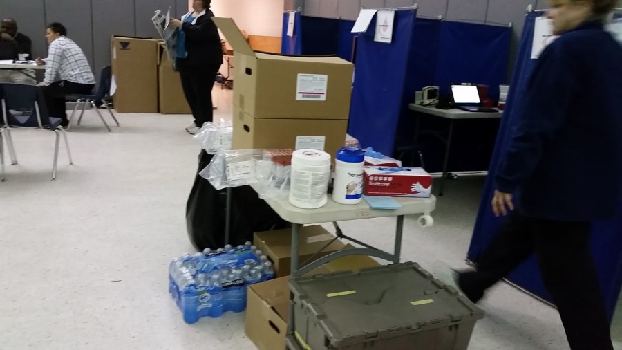 Supplies for the blood drive such as, disinfectant wipes, water bottles, and other materials.