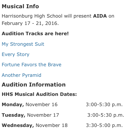 A screenshot of choir director Bethany Houffs website, showcasing the musical audition information. 