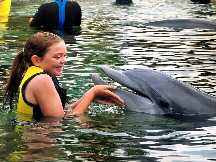 Comer poses with a dolphin at Discovery Cove.