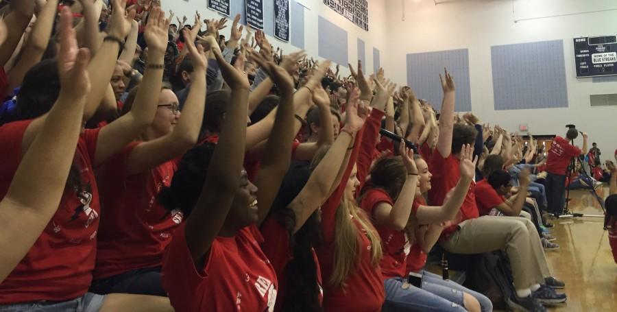 The Junior and Senior Classes perform the roller coaster cheer to show their school spirit. 
