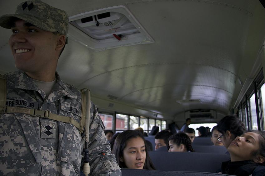 JROTC on the bus ready to head off to their Survival Training field trip