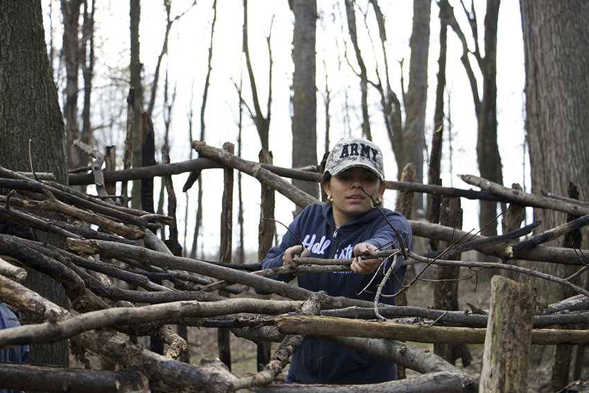 Danny Balderramos constructing her shelter. She had the most unique shelter framework, building a box-like shelter.
I wanted to make something different, Balderramos said.