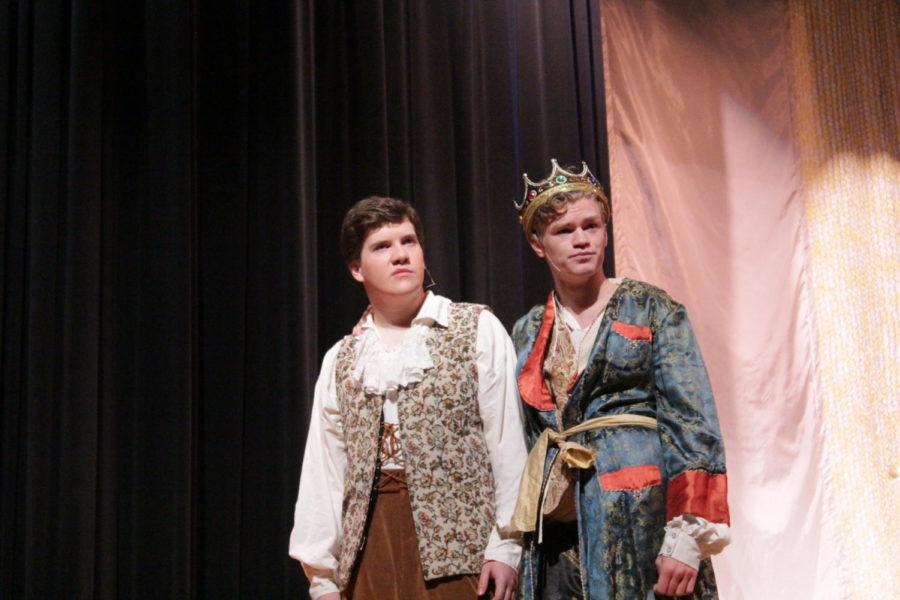 Juniors Noah McIntyre and Weston Hatfield have a father-son moment in the First Act, in which Hatfield, playing the king, gives his son advice with women.