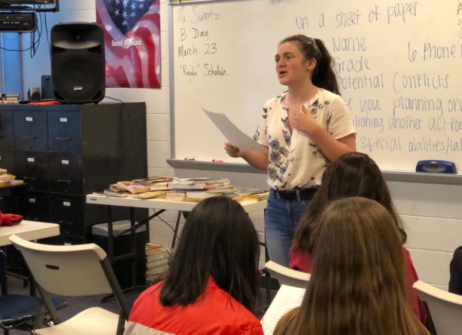 Sophomore Grace Miller reads a monologue at auditions for the Spring Arts senior-directed plays. 