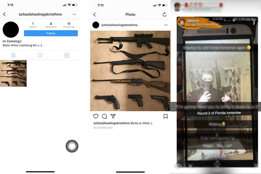 The photo in the center and on the left are from the Instagram account that threatened the middle schools. The photo on the right is the Snapchat image that allegedly threatened Harrisonburg.