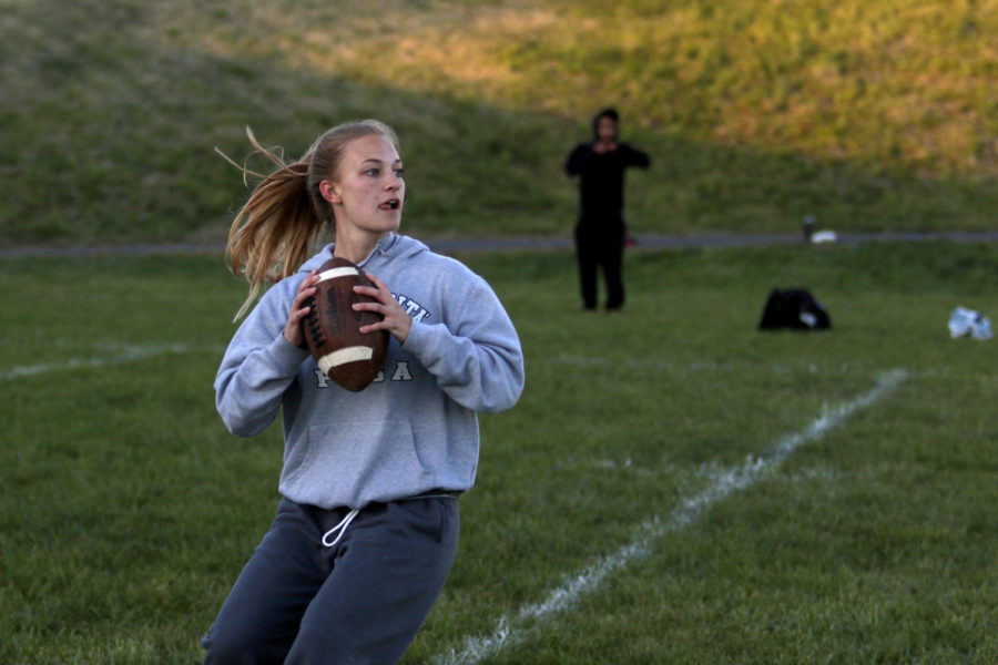 Senior Mikaela OFallon looks up the field to make a complete pass.
