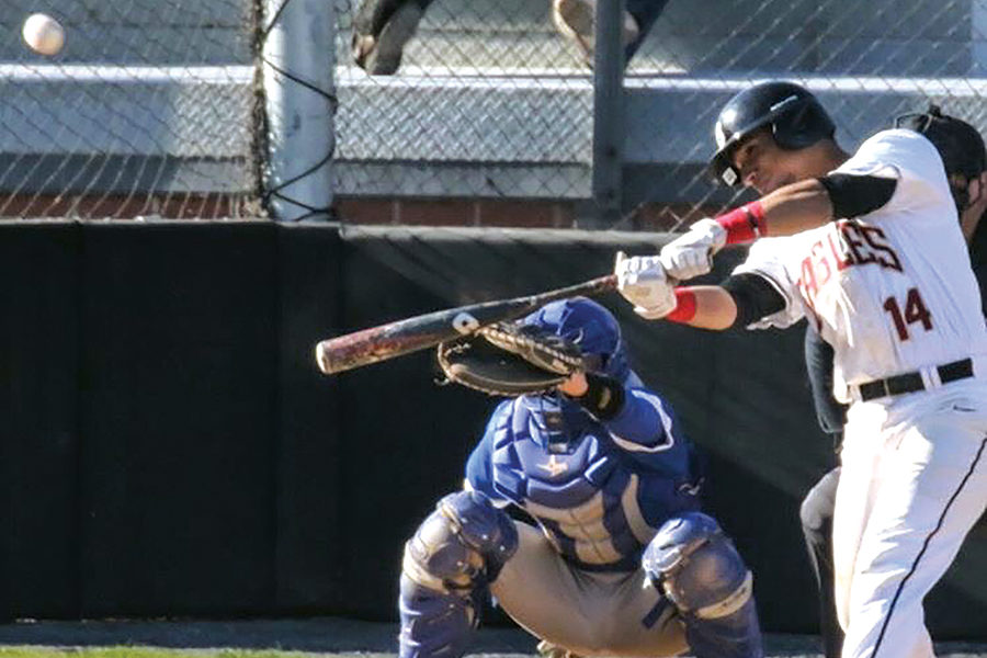 Kevin Navedo hits a two run double in the conference battle against the Eastern Mennonite Royals. During his freshman season Navedo hit .229 with three home runs. 