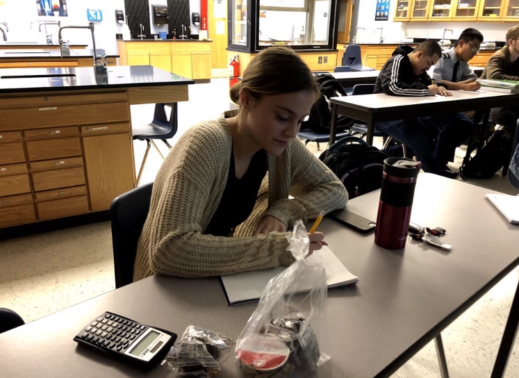 Senior Jenny Nutter works on an assignment during her first block class. With her senior year schedule, Nutter is signed up for a fewer number of classes. 