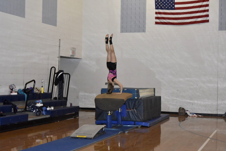 Sophomore from Turner Ashby does a front handspring as practice for vault.