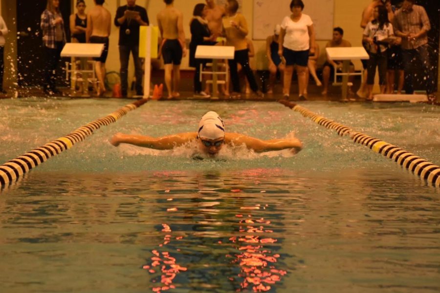 Freshman Maddie McCay swims butterfly during the season opener vs. Turner Ashby. Since, McCay broke the school record for the 100 fly at the Ben Hair Invitational. 