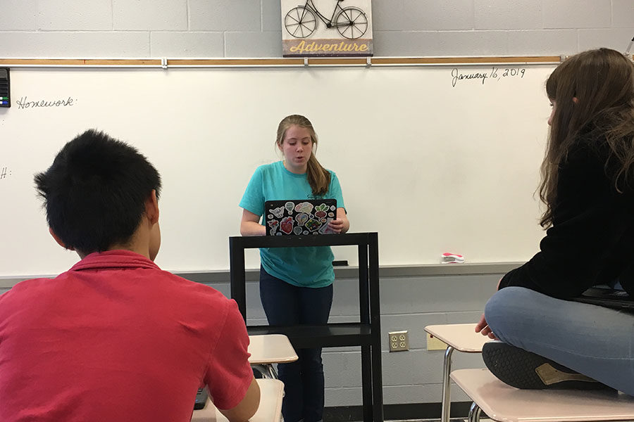 Sophomore Emma Lankford practices delivering her CON speech for Public Forum practice.