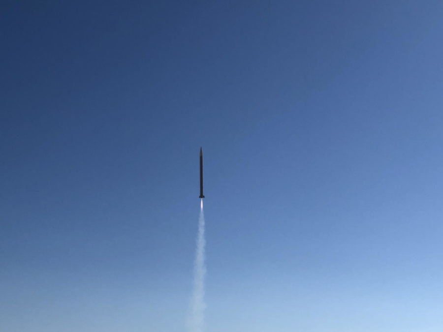 A rocket mid-flight during the second Team America Rocketry Challenge test flight.