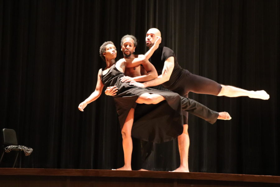 The dancers form one shape as they perform a piece about a love triangle.