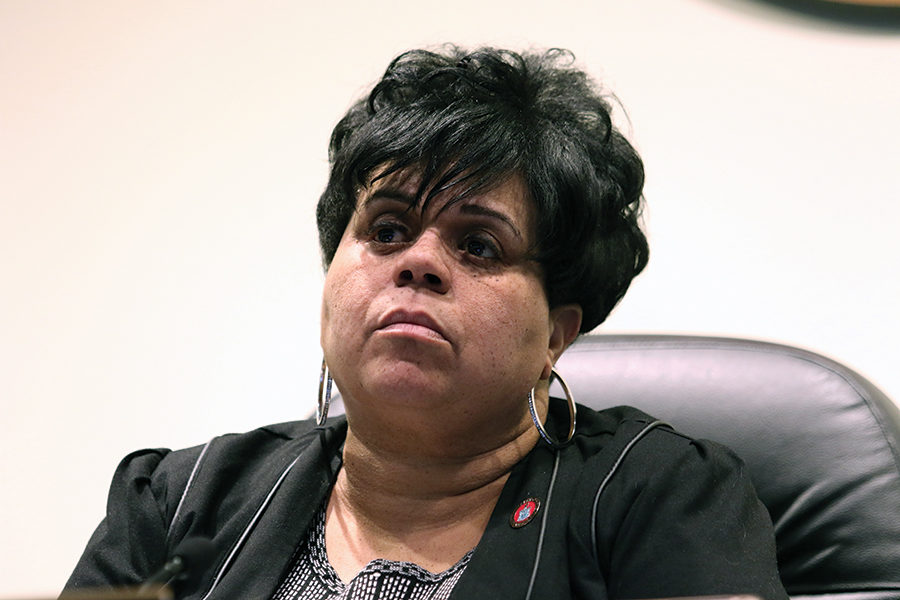 Mayor Deanna Reed looks on as the council hears testimony from superintendent Pat Lintner about the school system's projected growth.