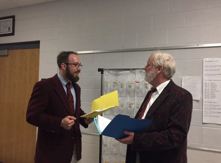 STEM Chemistry teacher Erich Sneller (left) runs through lines for Legally Blonde with Assistant Principal Mike Eye. This years musical features several teachers.