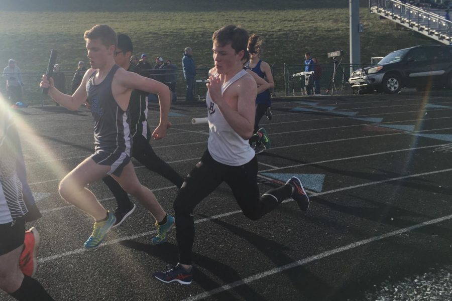 Sophomore Hayden Kirwan leads off the Boys 4x800m relay at the Gary Bugg Coed Classic