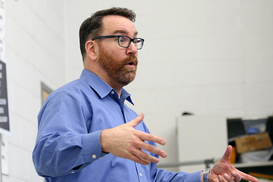 Fine Arts Coordinator J.R. Snow instructs the a cappella group Snowcapella on their singing technique. Snow wasnt able to lead the group last year due to an injury, but theyre back for this year.