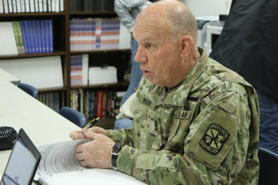 Sergeant Major Russell Wilder instructs his class during one of the JROTC blocks. WIlder was named Teacher of the Year at Harrisonburg High School for the 2018-2019 school year. 