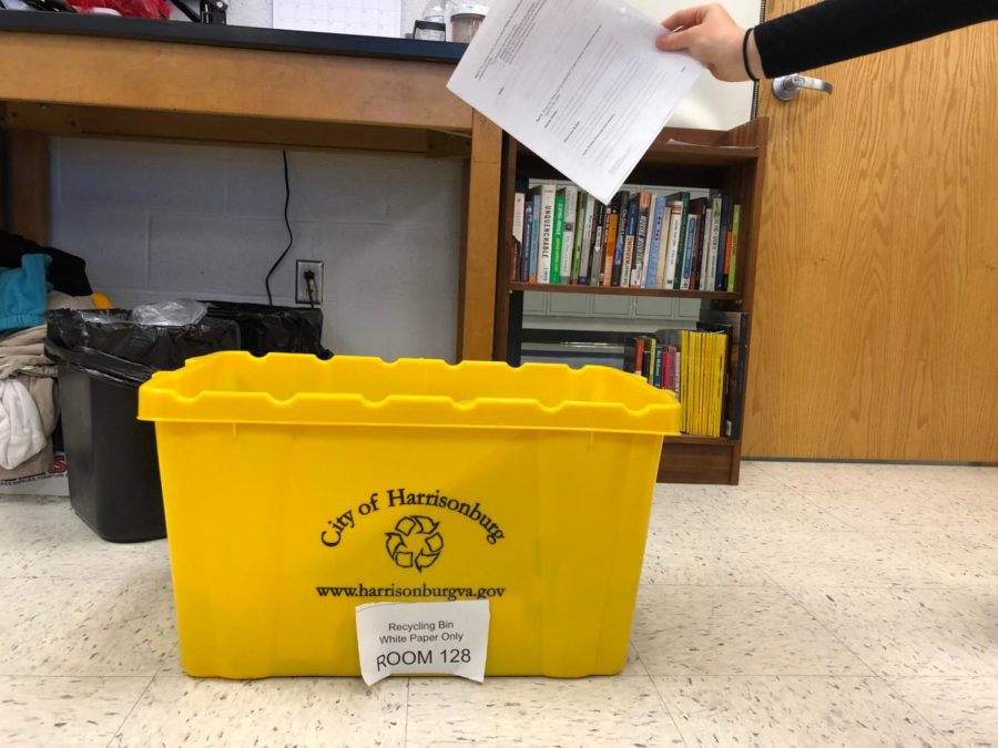 Special education teacher Lisa McQueen started the recycling program and organized the yellow bins with her class. Until [we got the bins] I literally had a box in the main office, upstairs and in [room 222]. I was hauling [those boxes] down to Augusta County where I live, where they already have paper [recycling],” McQueen said. “That was enough. I would bring my truck in and throw all of this paper in, and that was a lot to keep up with. Now we are able to pick it up and take it to the loading dock. The main custodian, Mr. Chris, calls when it is filled, and they come and drop it off. It’s a lot easier.”