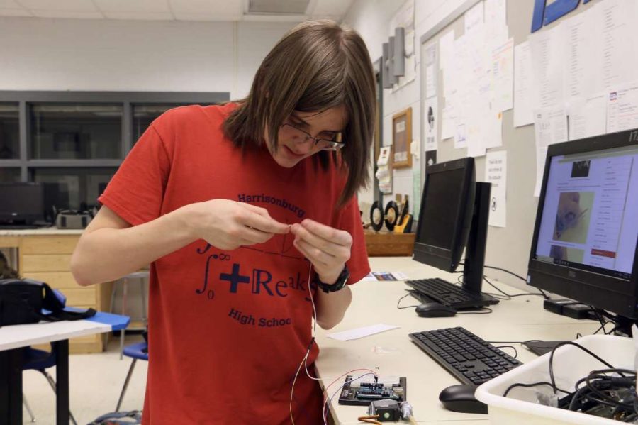 Freshman Micah Cessna works on one of his TSA projects in teacher Mr. Shantzs room. 