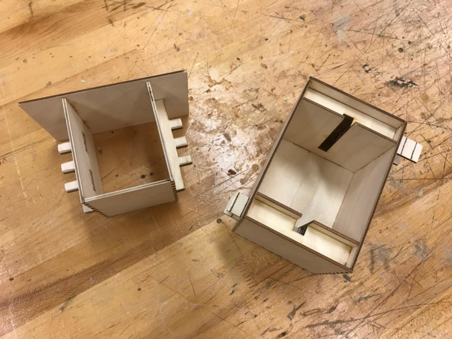 Sophomore Thomas Shulgan designed his puzzle box to only open after panels on either side are pulled out to a certain length.