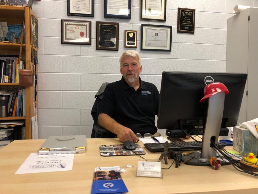 HHS STEM Coordinator and Biology Honors teacher, Myron Blosser, sits at his desk in the STEM office at room 500.