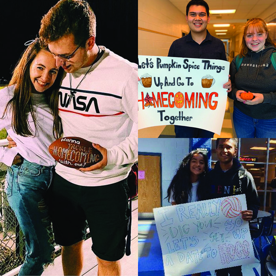 Junior Sydney Shaver (left) asks her boyfriend Casey  Blankenship at the home football game. Junior Carlo Mehegan asks junior Betsy Quimby (top right) and junior Edwin Rios asks freshman Quetzalli Arteaga (bottom right). 