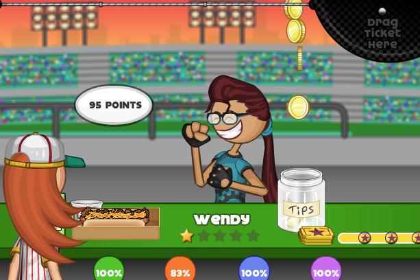 Wendy, a customer at the Hot Doggeria, celebrates a successful hot dog. Characters rate each dog based on sections of the game.
