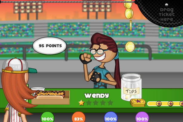 Wendy%2C+a+customer+at+the+Hot+Doggeria%2C+celebrates+a+successful+hot+dog.+Characters+rate+each+dog+based+on+sections+of+the+game.%0A