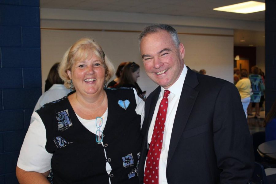 Harrisonburg High Schools Teacher of the Year, Mary Strickler, stands alongside Virginia senator Tim Kaine. 