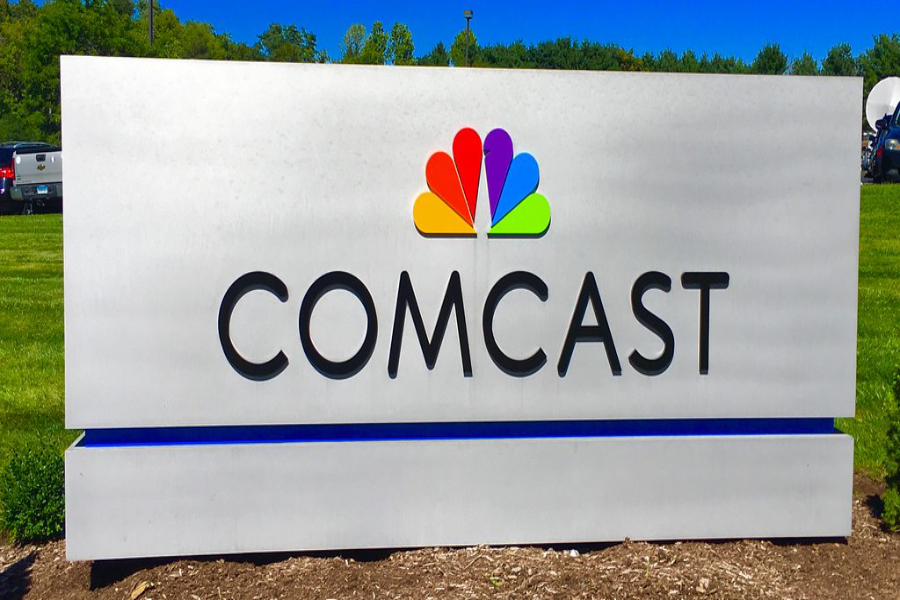 The Comcast sign at the entrance of one of their company buildings.
