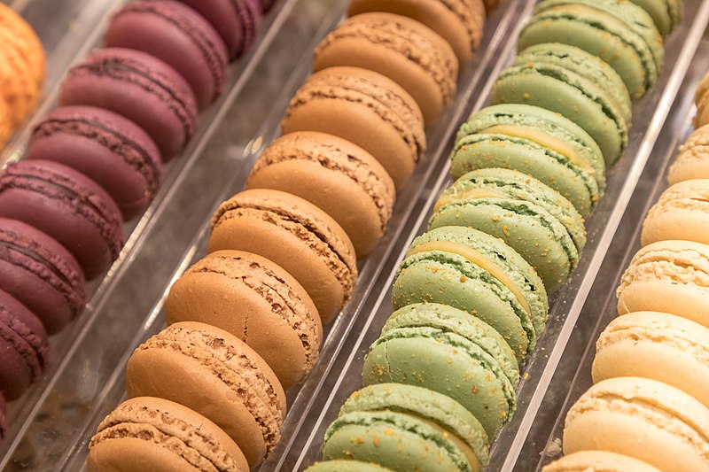 Macarons in the display of a chocolate shop. They may be pretty to look at, but once you bite into them, macarons are flakey and actually have very little taste.