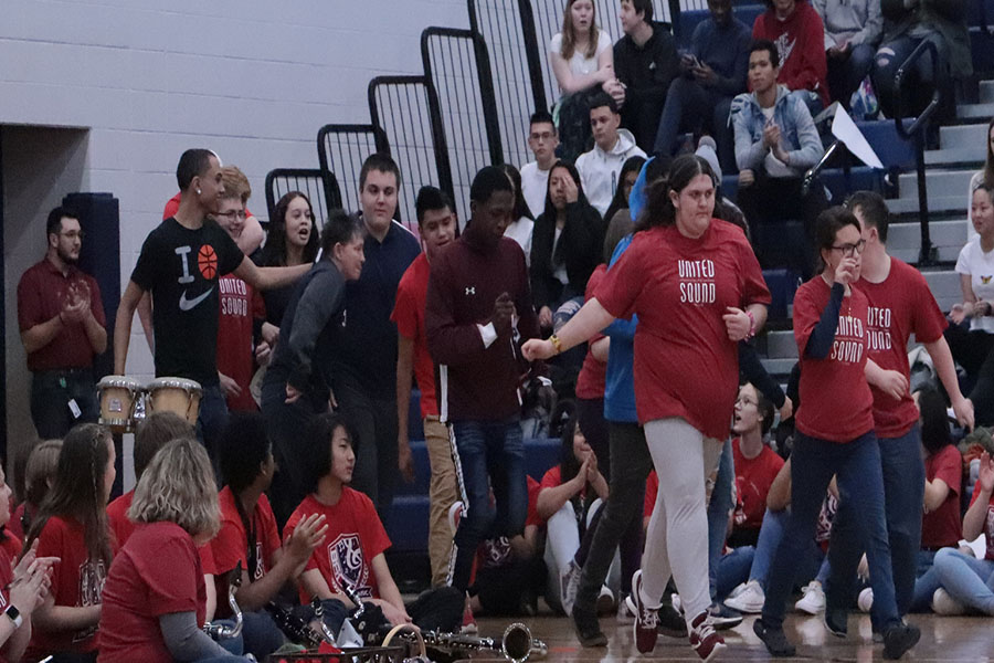 The unified basketball team come out to be recognized during the pep rally.