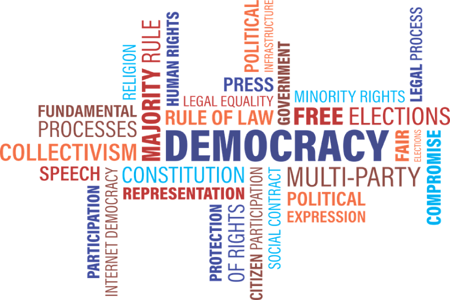 A word-cloud for the word democracy with different ideas that go along with it.  