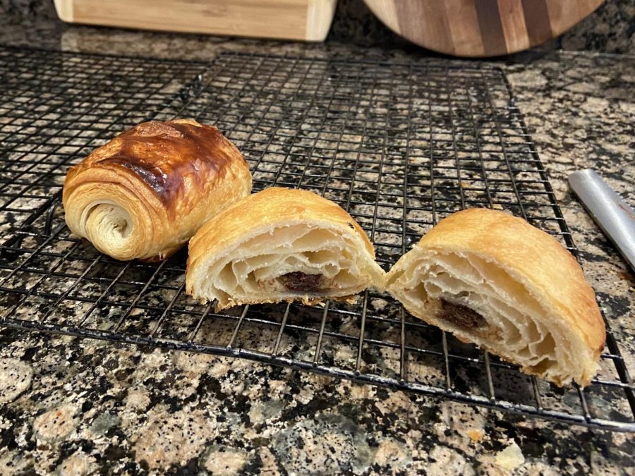 Traditional chocolate croissants have lots of distinct layers and chocolate running through the middle.