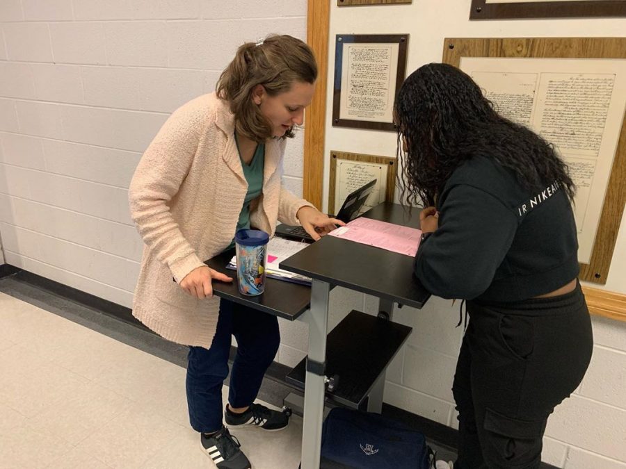Counselor Anda Weaver helps junior Dilsy Rodriguez Sanchez schedule her classes for the 2020-2021 school year.
