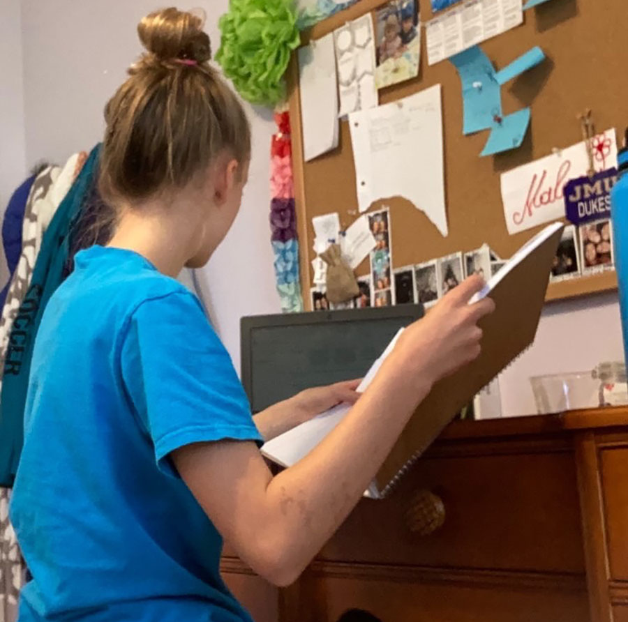 Freshman Natalie Corso works at the desk in her room everyday. She has all the school supplies she needs for a successful day of learning. “During school I have a planner, notebook and pencil beside me. I work in my room because I have a desk in there which makes for a great working space,” Corso said. 