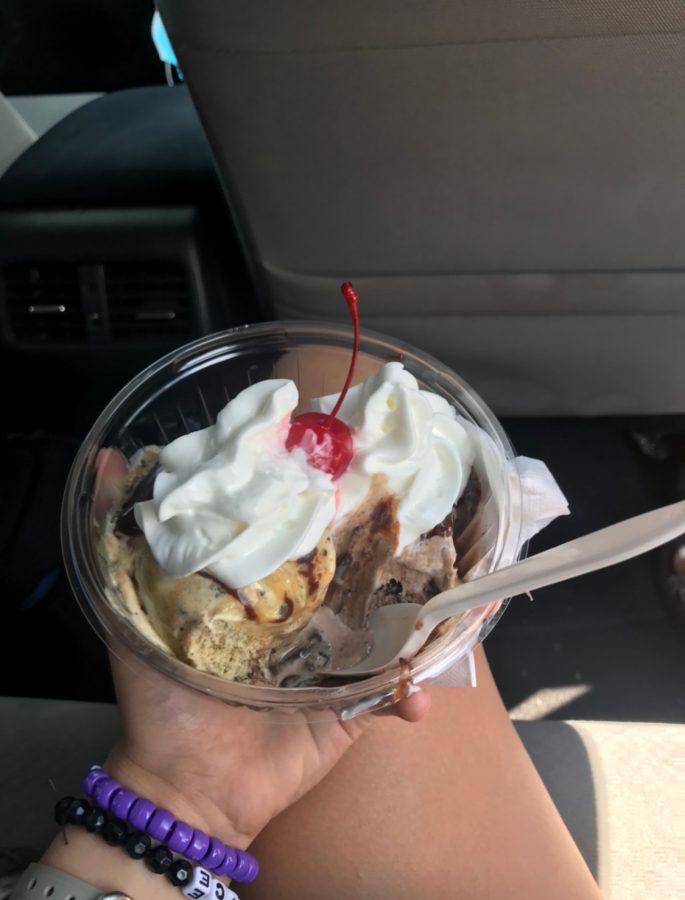 This is a peanut butter sundae from Grammies Ice Cream, located in the middle of Bridgewater and Harrisonburg.