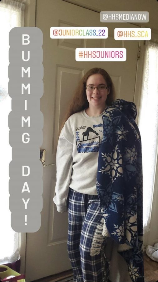 The second day of spirit week was bumming day. Students were told to wear their most comfortable clothes. Moomaw wore pajama pants with a sweatshirt and carried a blanket for her picture. 