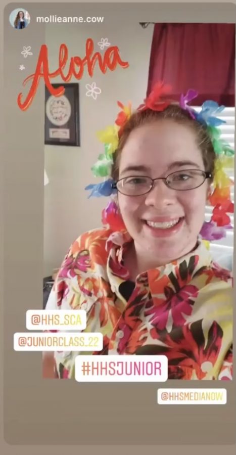 On Wednesday, Moomaw wore a flowered shirt and a lei for beach day. By tagging their grade with a hashtag and @HHSMEDIANOW, students could also earn points for their grade. 