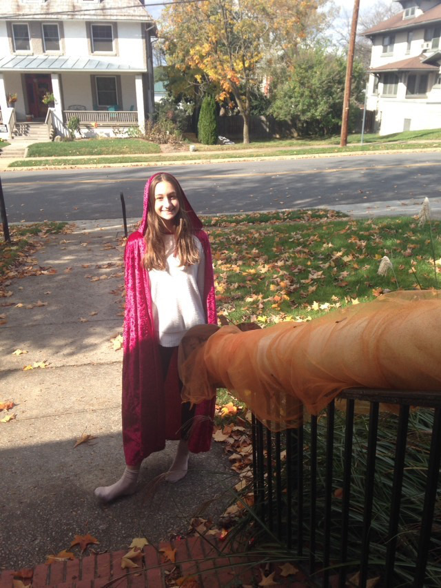 Freshman Anna Campillo dressed as Little Red Riding Hood for Halloween. Campillo and her family created a tube to send candy to trick or treaters to stay safe. We passed out candy by making a candy slide that went down our rails. My favorite part was seeing the people who came out in costumes, Campillo said. 